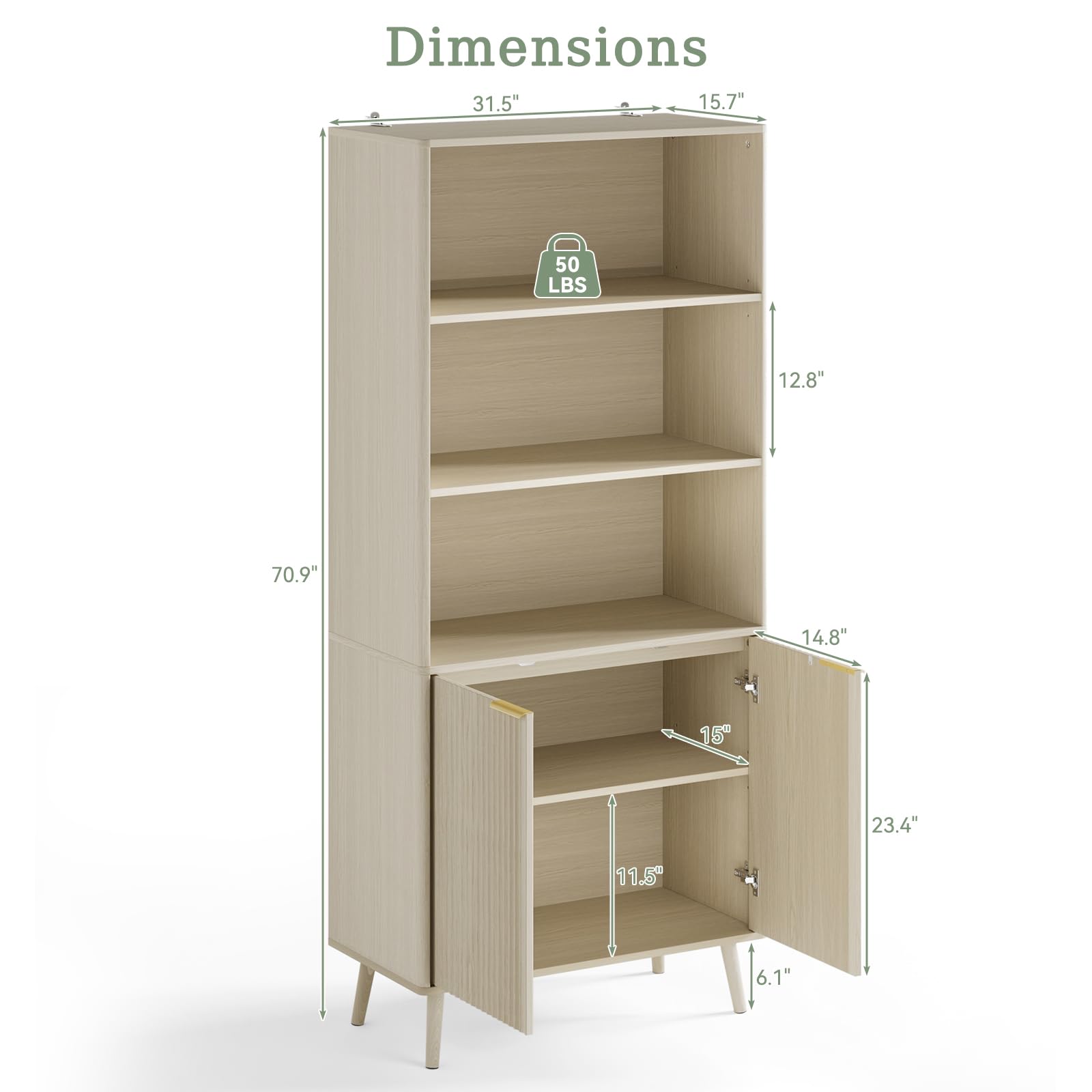 LYNSOM 5-Tier Bookcase with Fluted Doors and Adjustable Shelves
