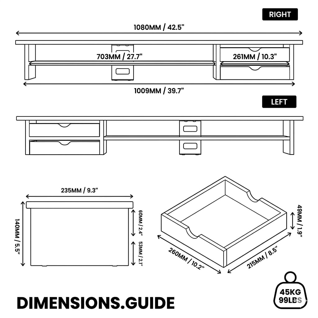 42.5" Dual Monitor Stand Riser with Drawer, 2-Tier Organizer