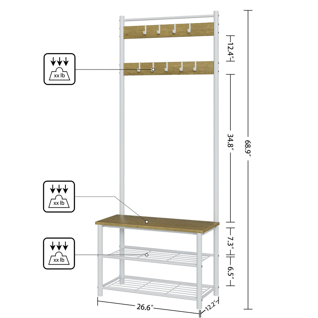 3-in-1 Hall Tree with Bench, Shoe Storage and Shelves