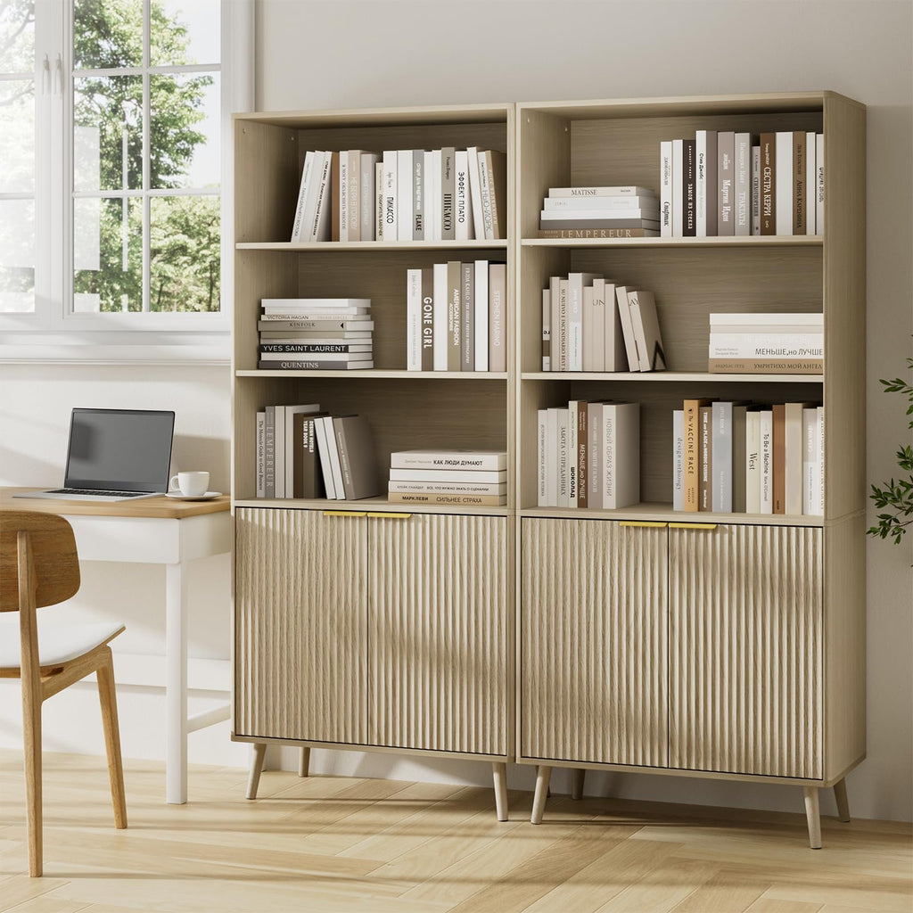 LYNSOM 5-Tier Bookcase with Fluted Doors and Adjustable Shelves
