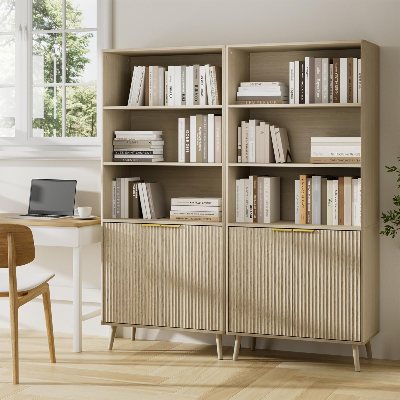 LYNSOM 5-Tier Bookcase with Fluted Doors and Adjustable Shelves