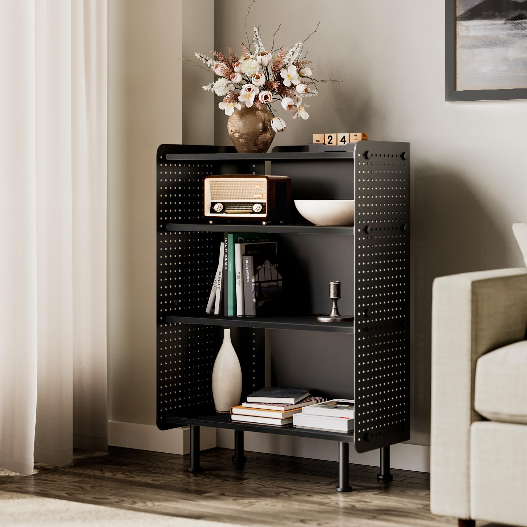 4-Tier Open Bookshelf with Pegboard and Adjustable Shelves