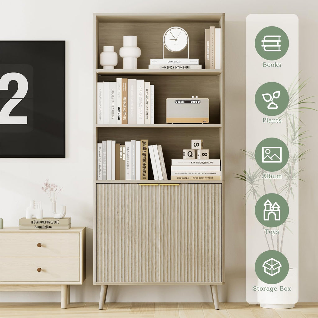 LYNSOM 5-Tier Bookcase with Fluted Doors and Adjustable Shelves
