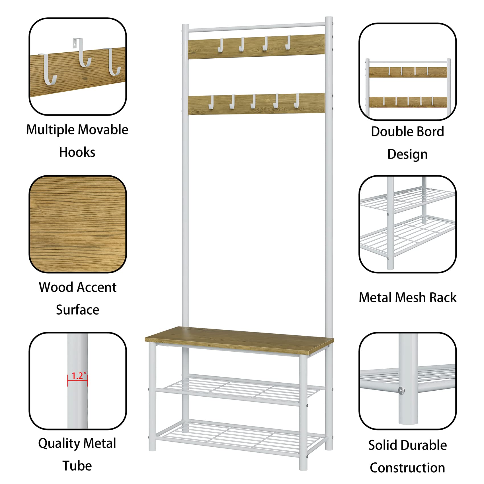 3-in-1 Hall Tree with Bench, Shoe Storage and Shelves