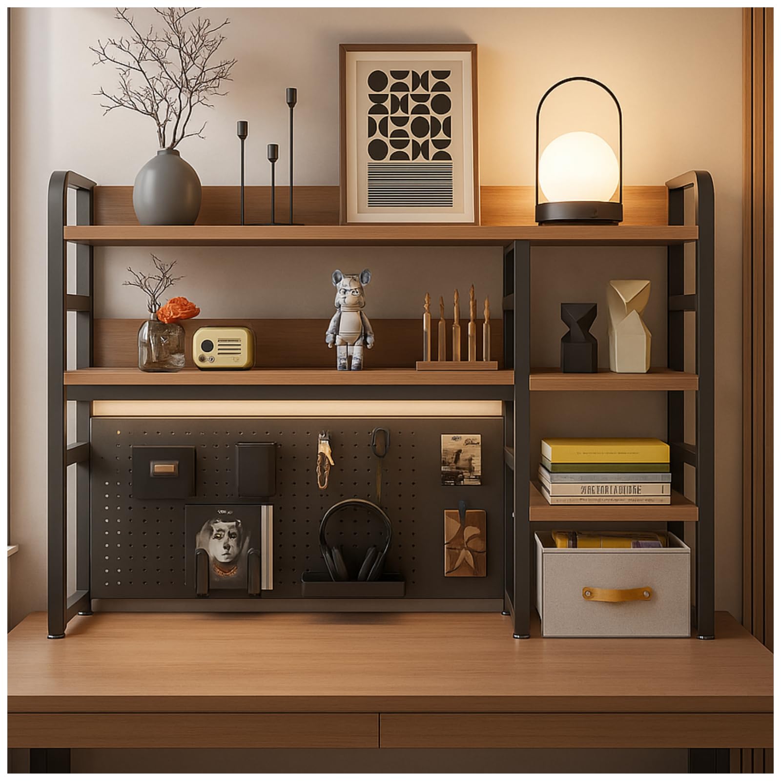 Desktop Bookshelf with Pegboard Storage Rack