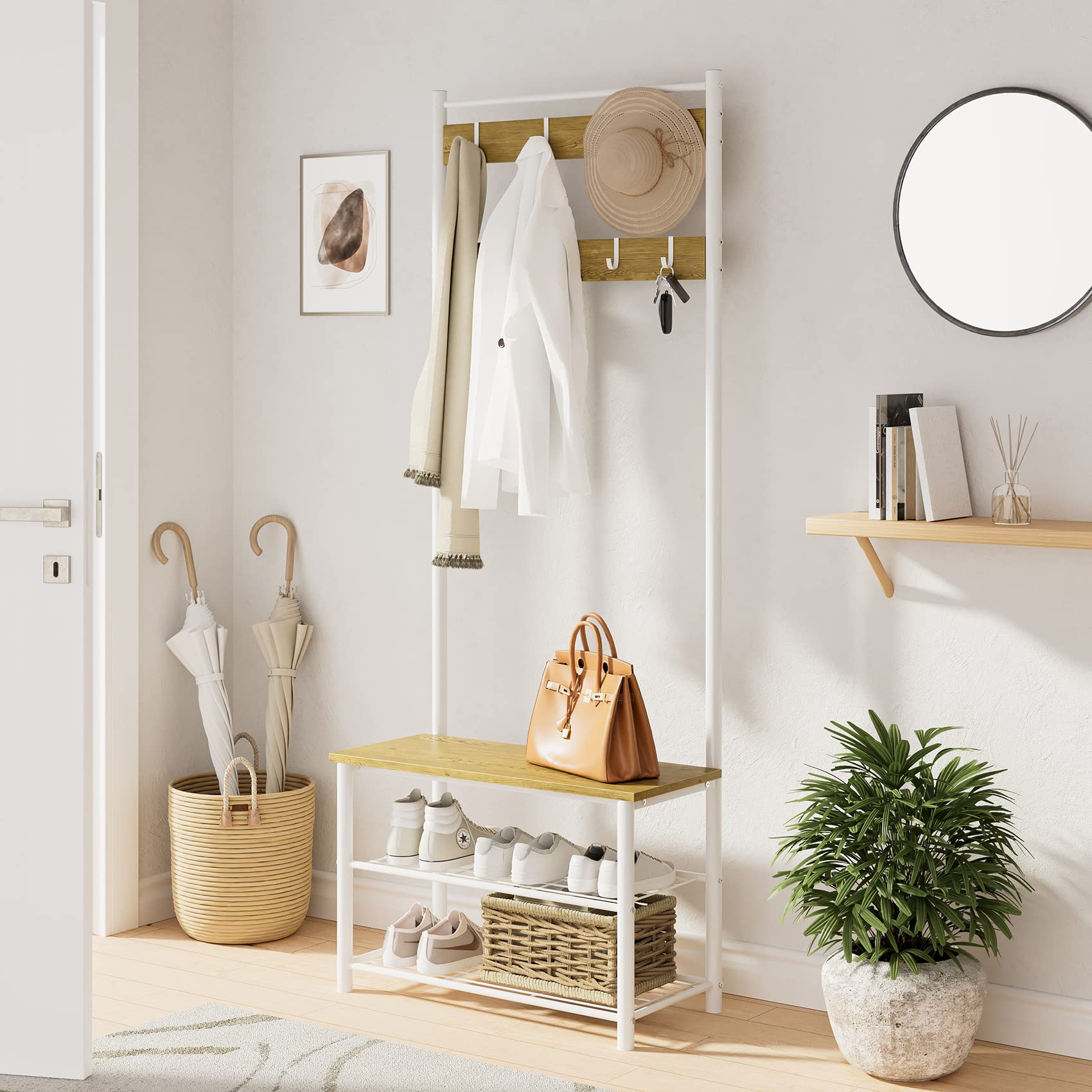 3-in-1 Hall Tree with Bench, Shoe Storage and Shelves