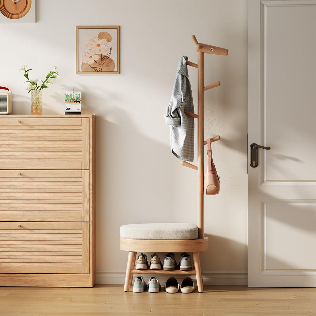 AQIMUELE Solid Wood Shoe Bench and Coat Rack
