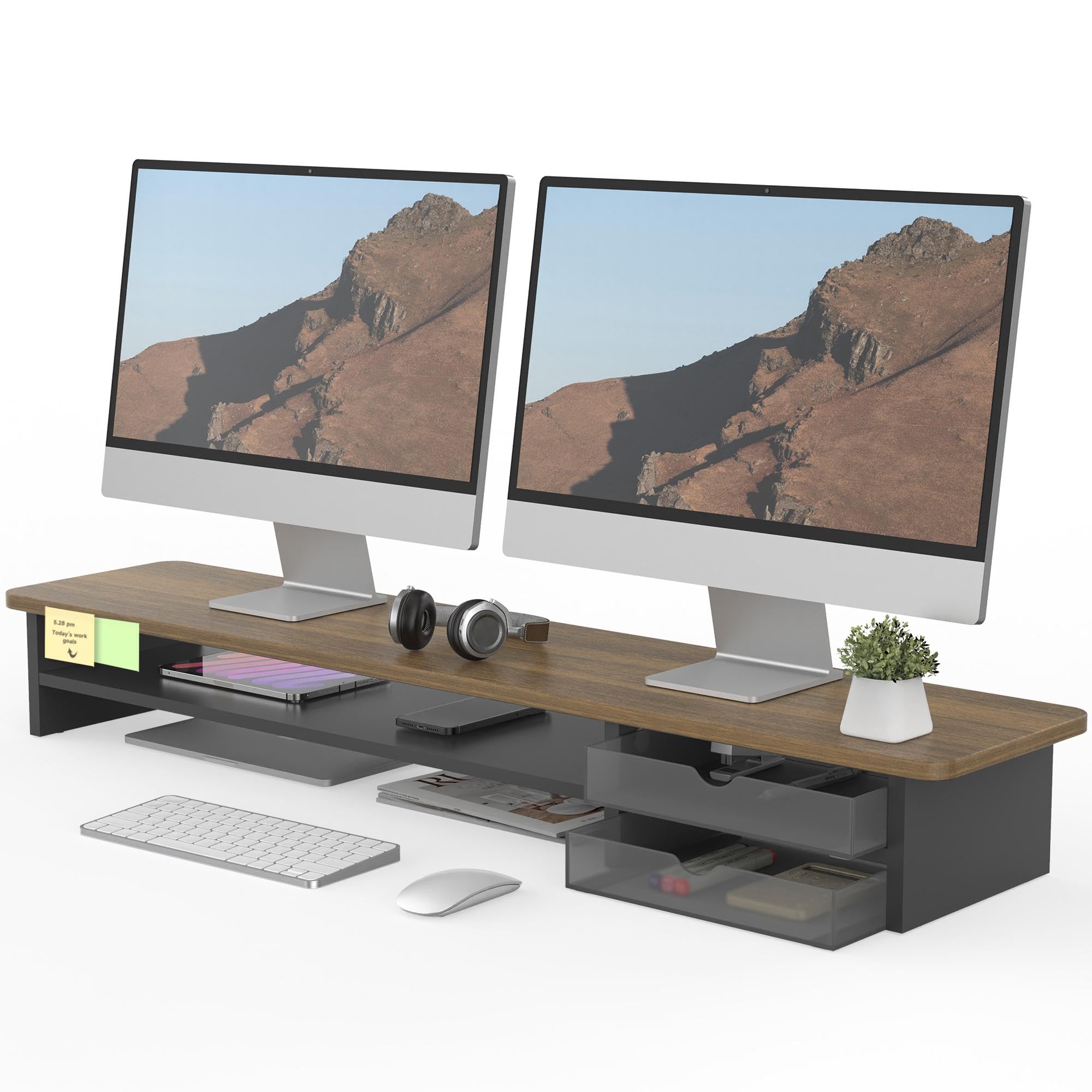 42.5" Dual Monitor Stand Riser with Drawer, 2-Tier Organizer