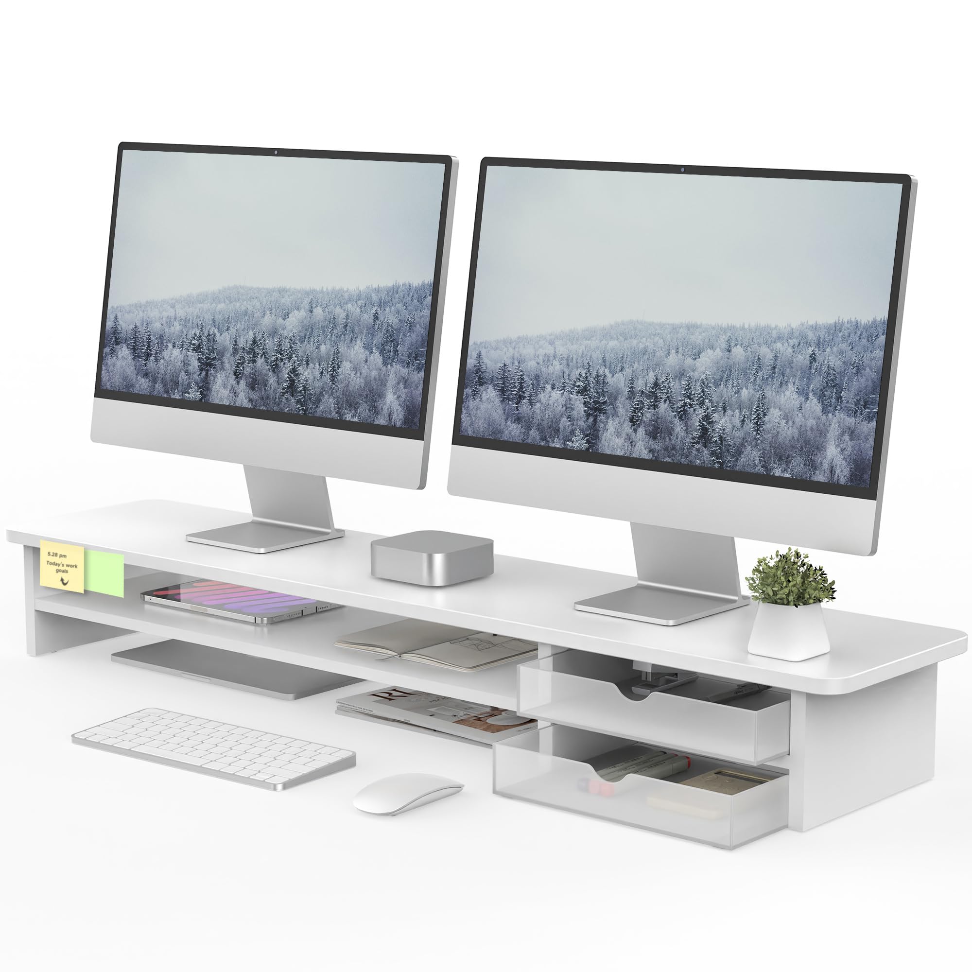 42.5" Dual Monitor Stand Riser with Drawer, 2-Tier Organizer