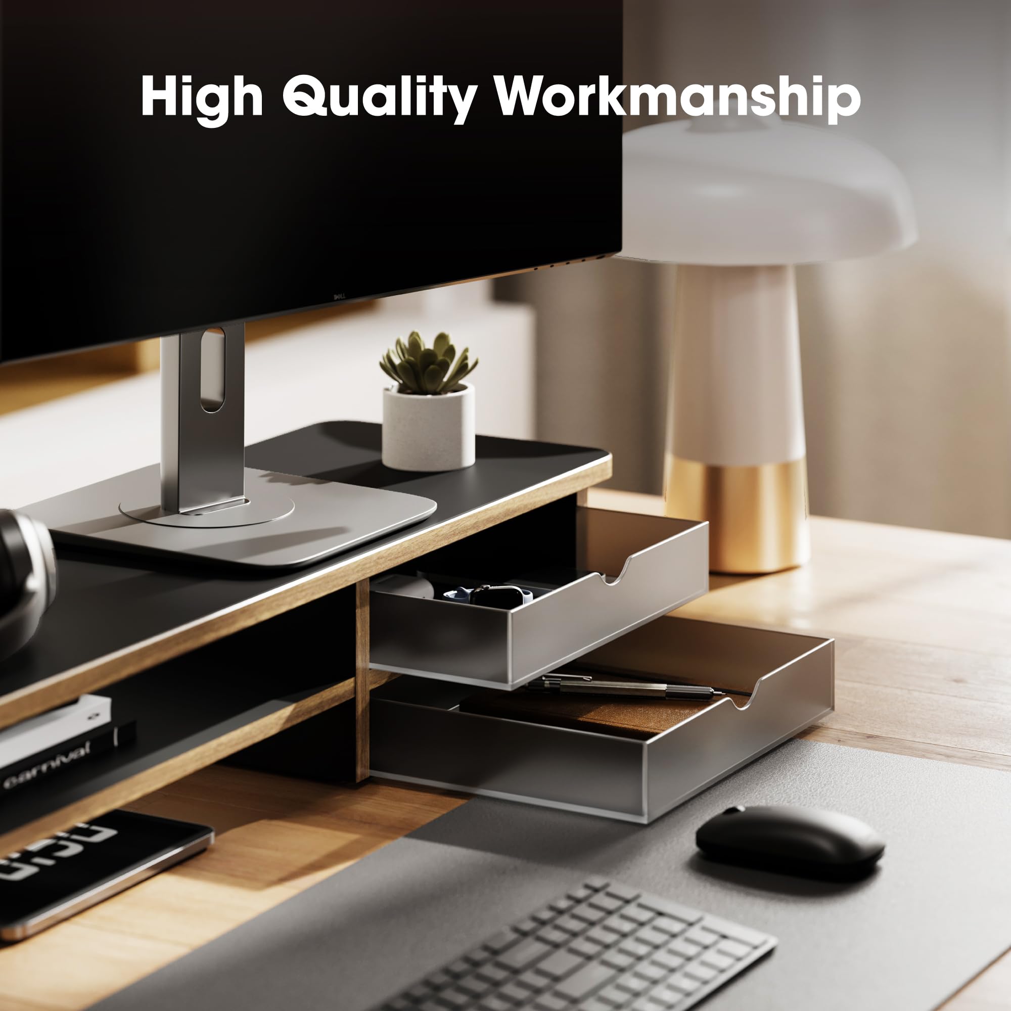 42.5" Dual Monitor Stand Riser with Drawer, 2-Tier Organizer