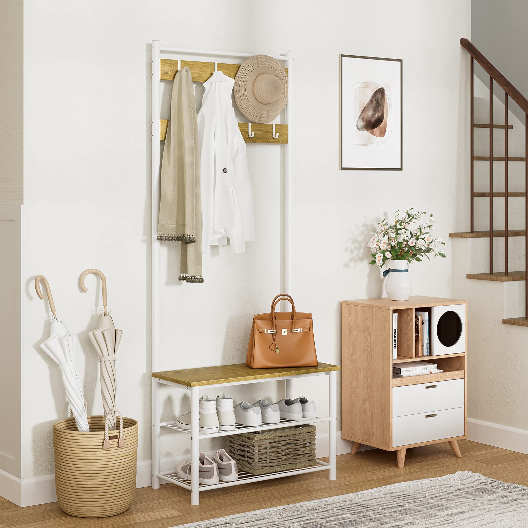 3-in-1 Hall Tree with Bench, Shoe Storage and Shelves