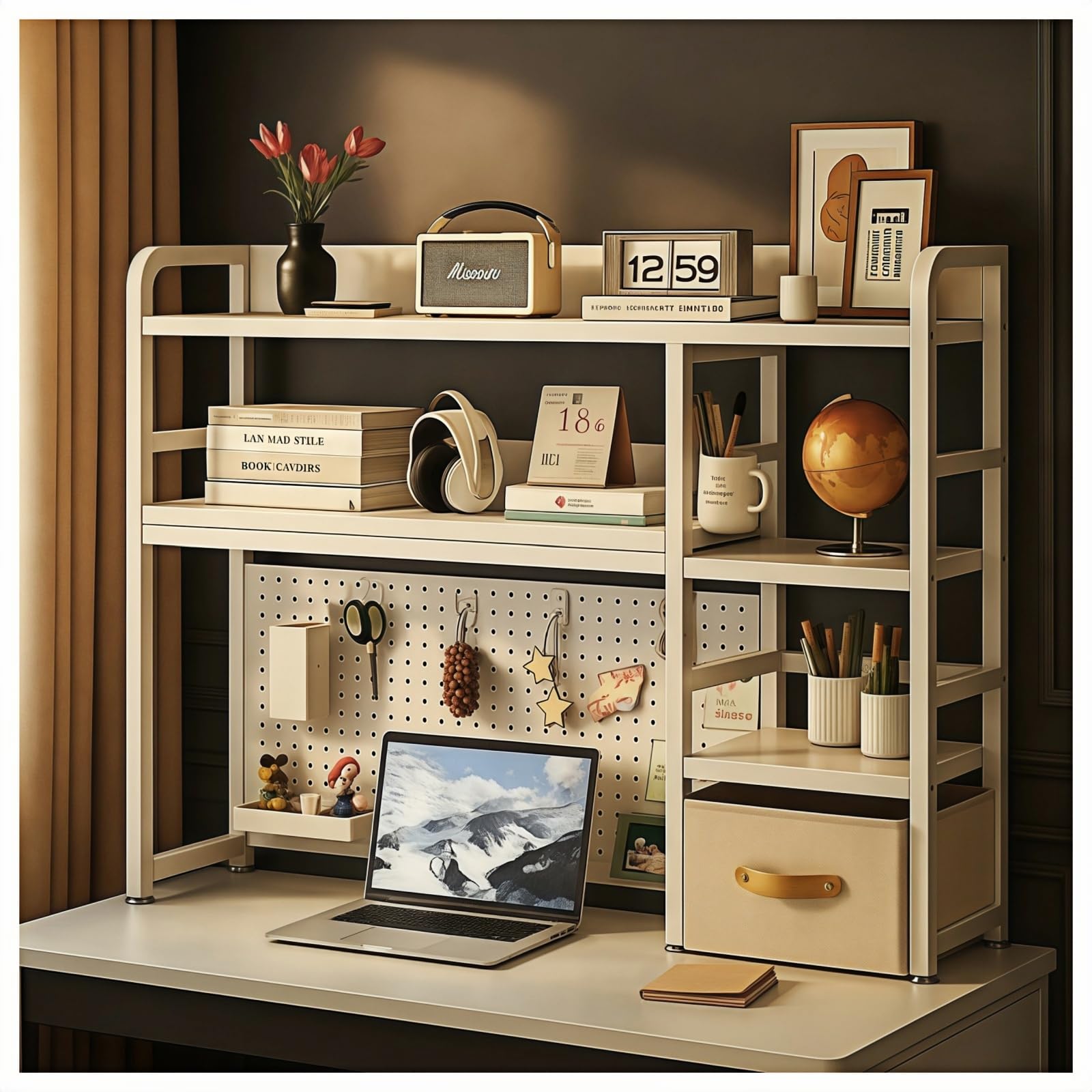 Desktop Bookshelf with Pegboard Storage Rack