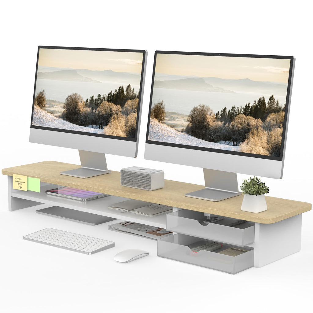 42.5" Dual Monitor Stand Riser with Drawer, 2-Tier Organizer