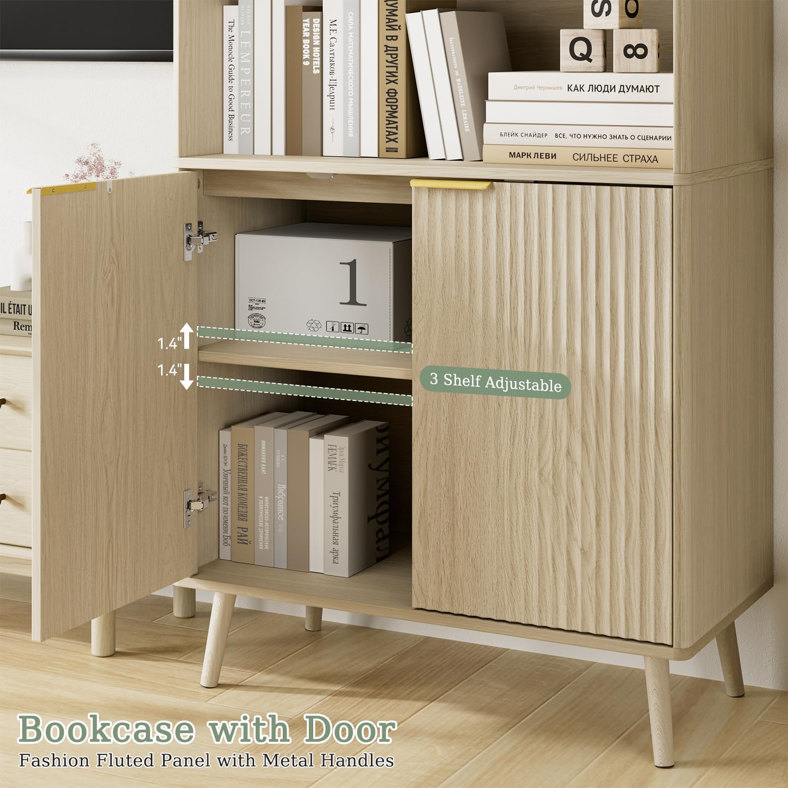 LYNSOM 5-Tier Bookcase with Fluted Doors and Adjustable Shelves