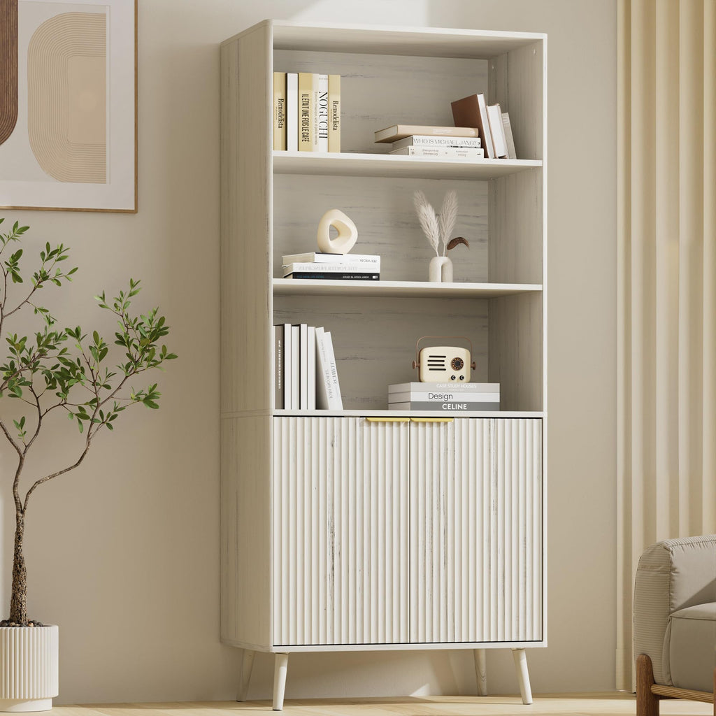 LYNSOM 5-Tier Bookcase with Fluted Doors and Adjustable Shelves