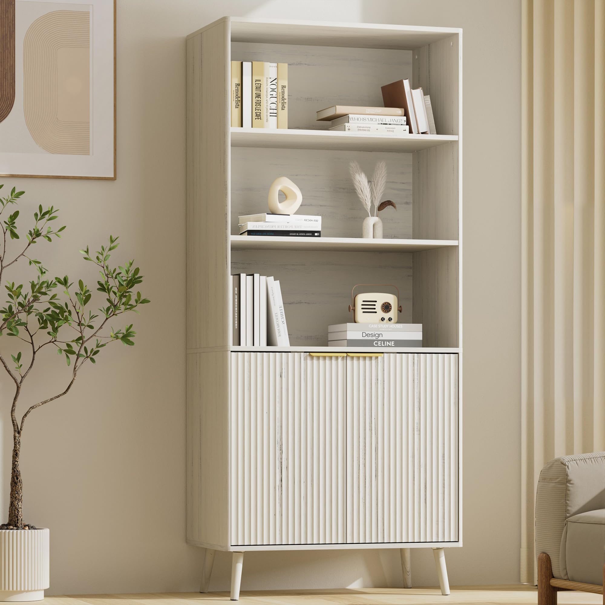 LYNSOM 5-Tier Bookcase with Fluted Doors and Adjustable Shelves