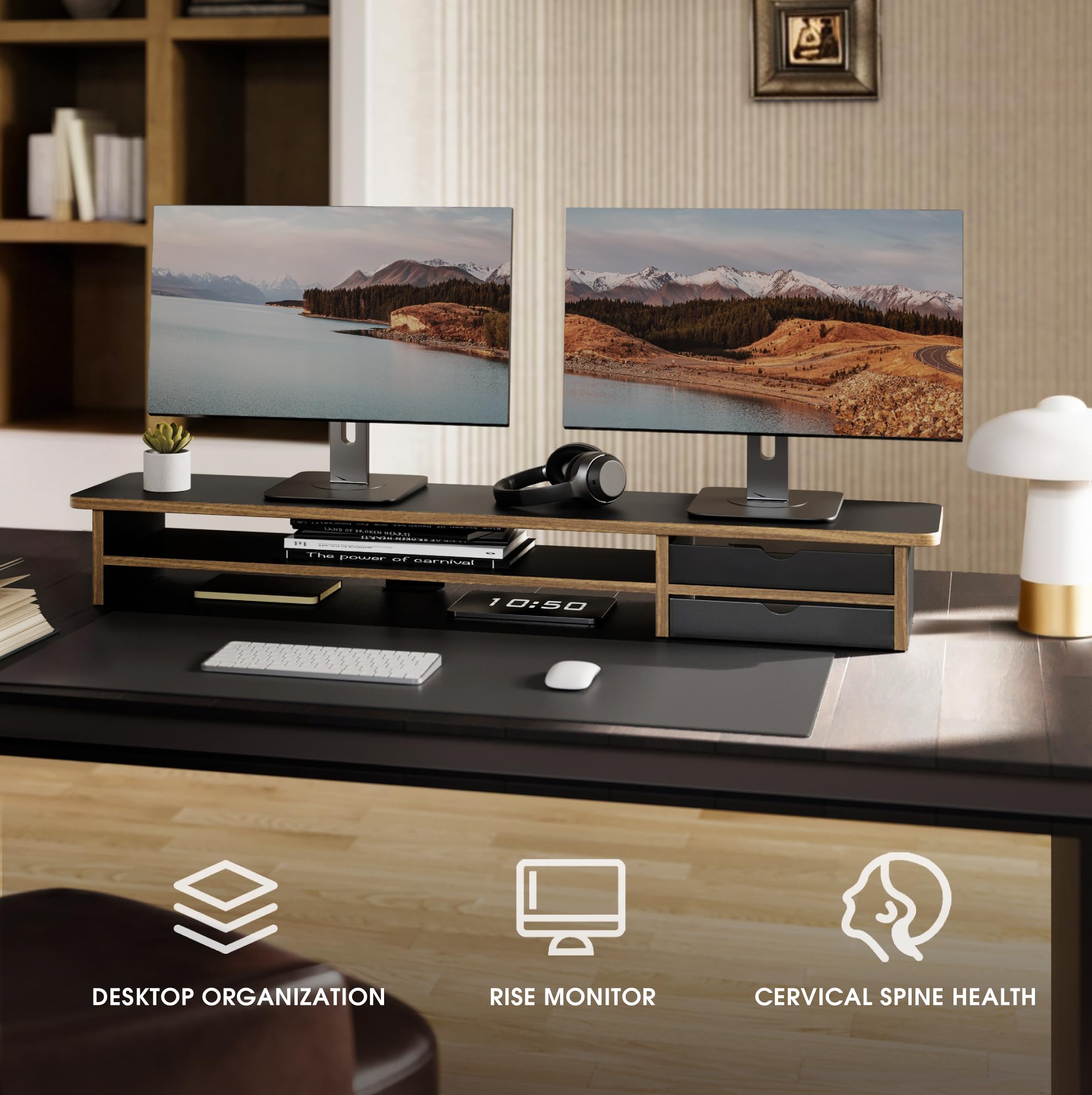 42.5" Dual Monitor Stand Riser with Drawer, 2-Tier Organizer