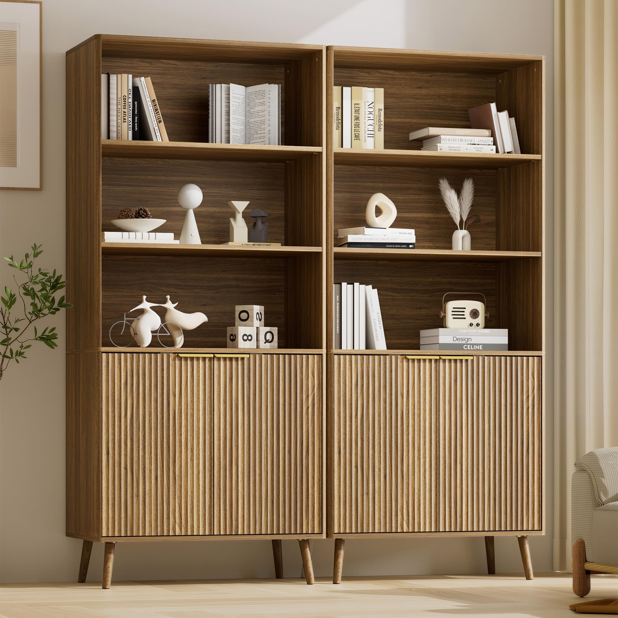 LYNSOM 5-Tier Bookcase with Fluted Doors and Adjustable Shelves