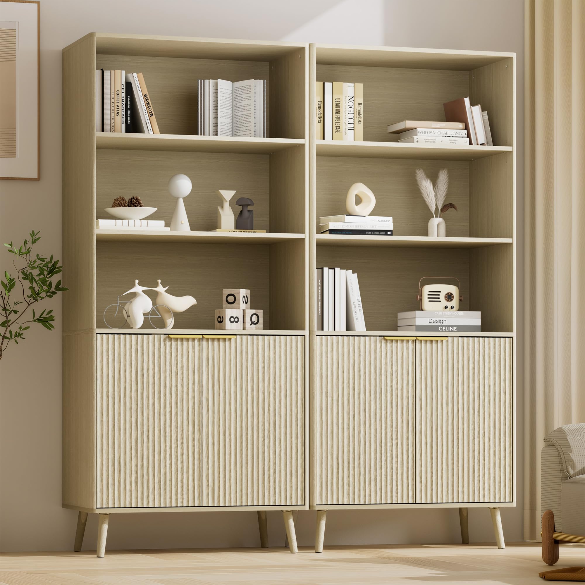 LYNSOM 5-Tier Bookcase with Fluted Doors and Adjustable Shelves