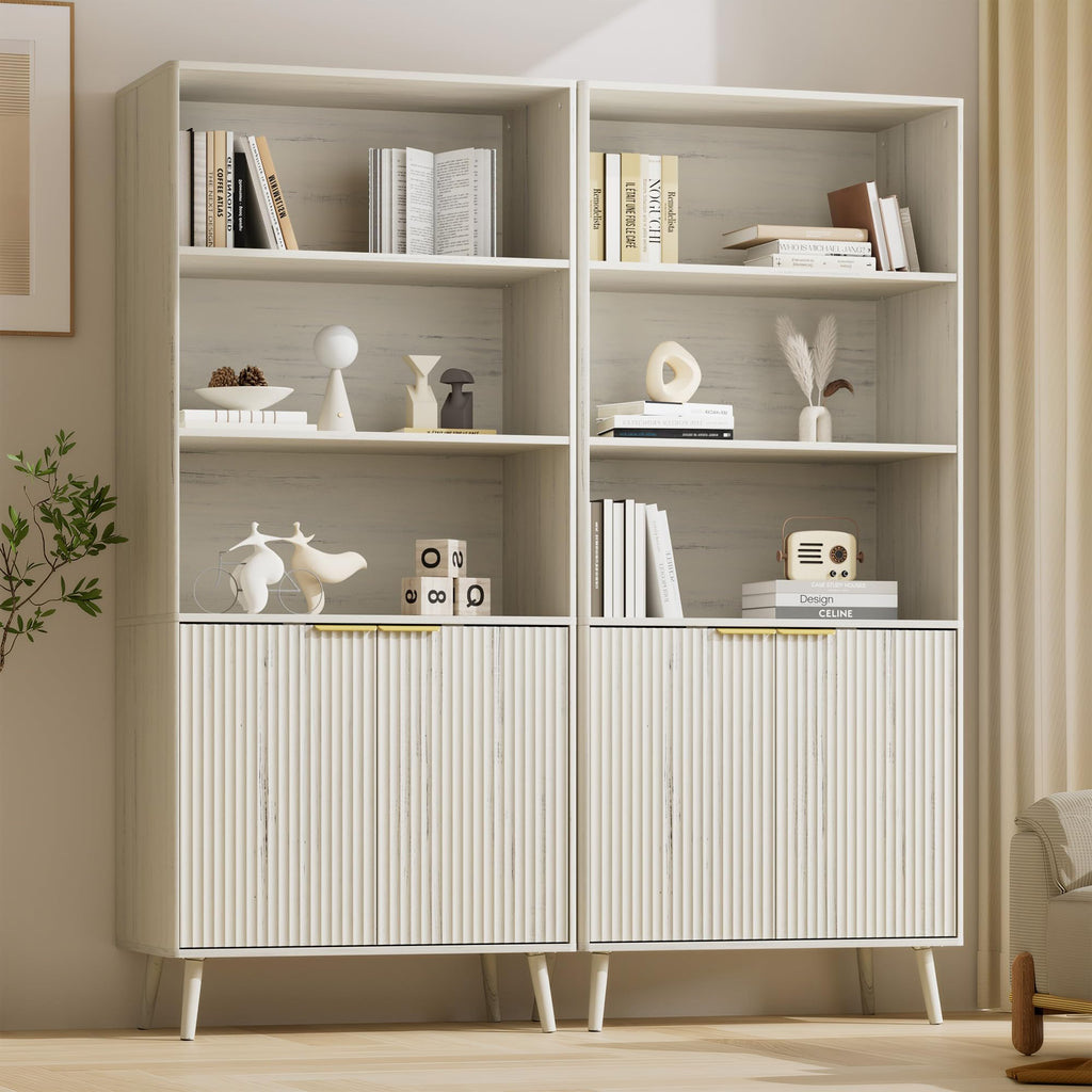 LYNSOM 5-Tier Bookcase with Fluted Doors and Adjustable Shelves