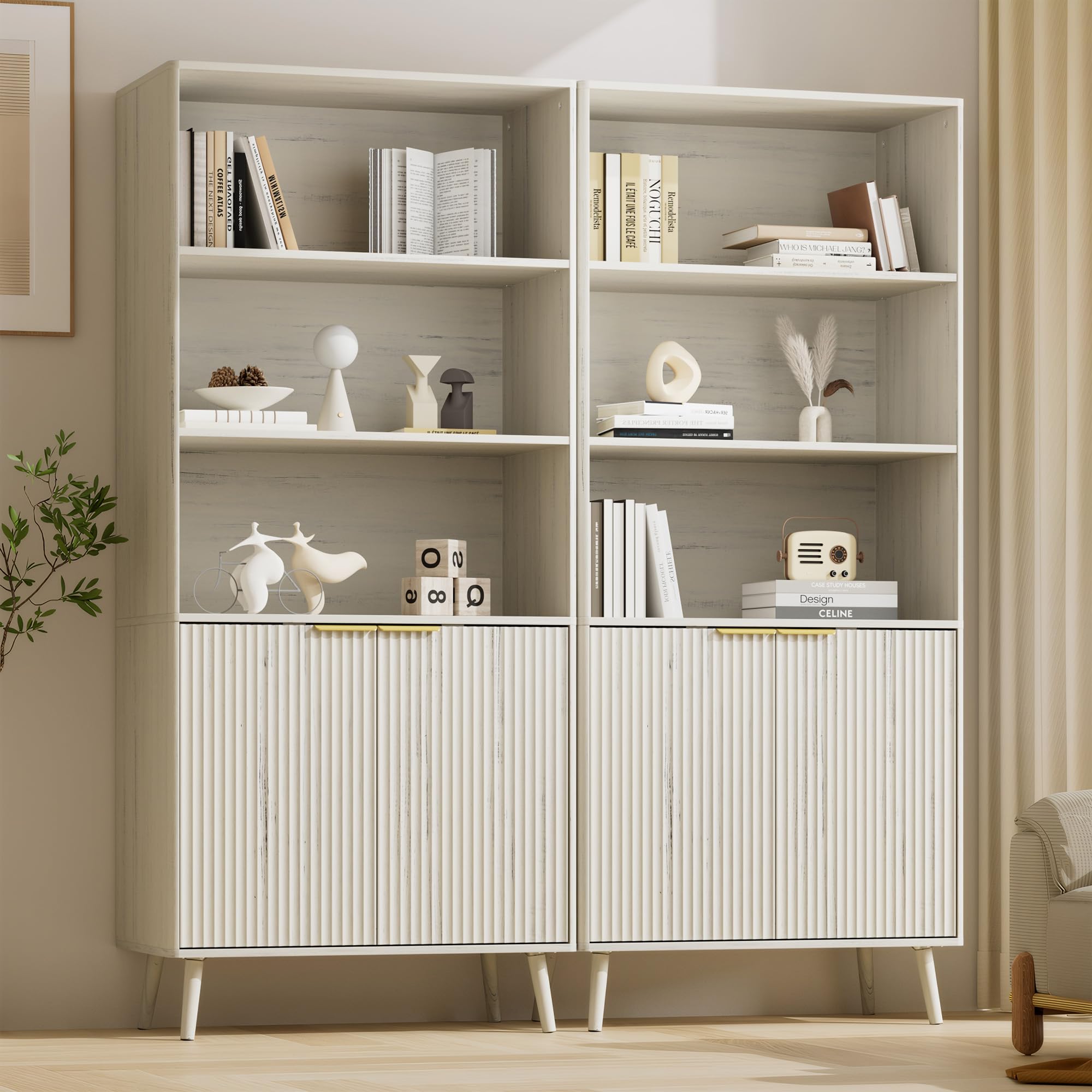 LYNSOM 5-Tier Bookcase with Fluted Doors and Adjustable Shelves