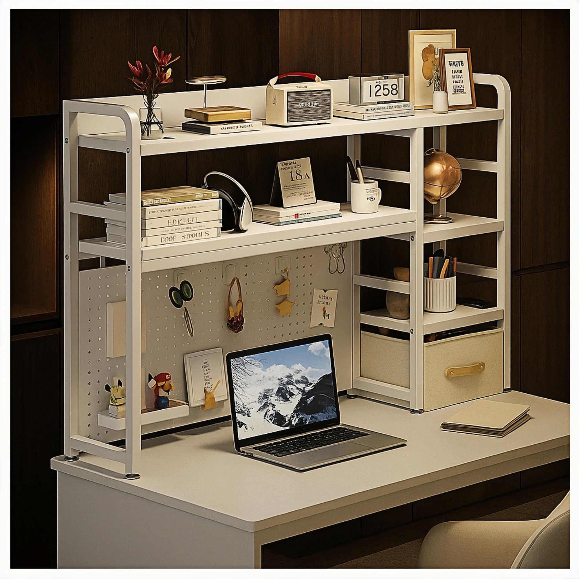 Desktop Bookshelf with Pegboard Storage Rack