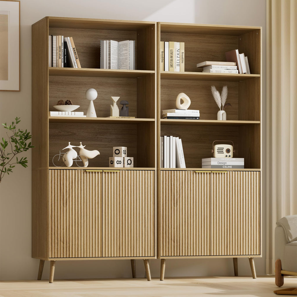 LYNSOM 5-Tier Bookcase with Fluted Doors and Adjustable Shelves