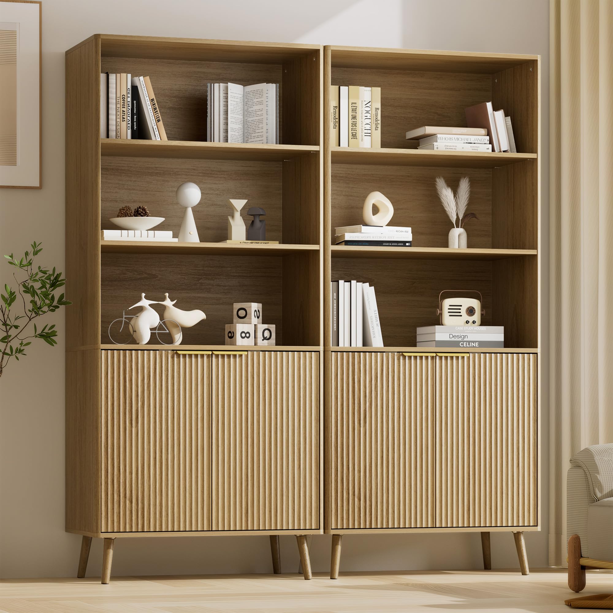 LYNSOM 5-Tier Bookcase with Fluted Doors and Adjustable Shelves