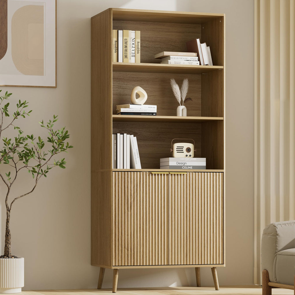 LYNSOM 5-Tier Bookcase with Fluted Doors and Adjustable Shelves