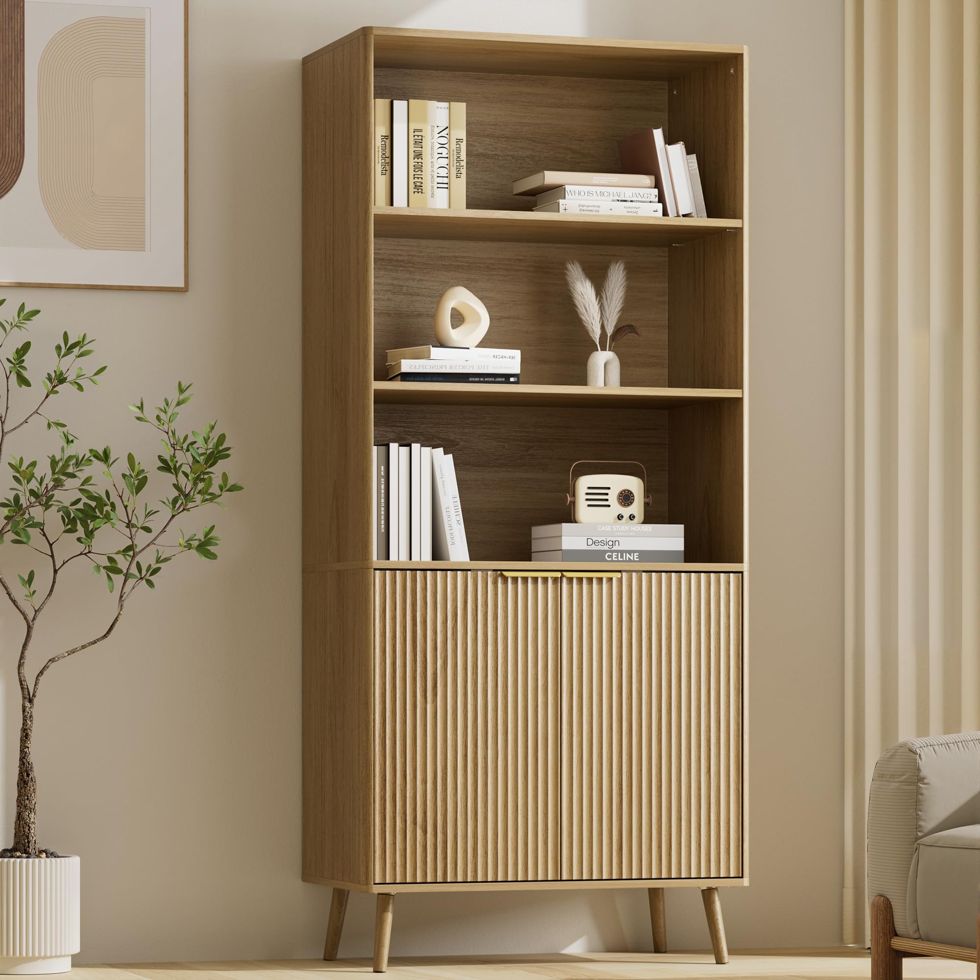 LYNSOM 5-Tier Bookcase with Fluted Doors and Adjustable Shelves