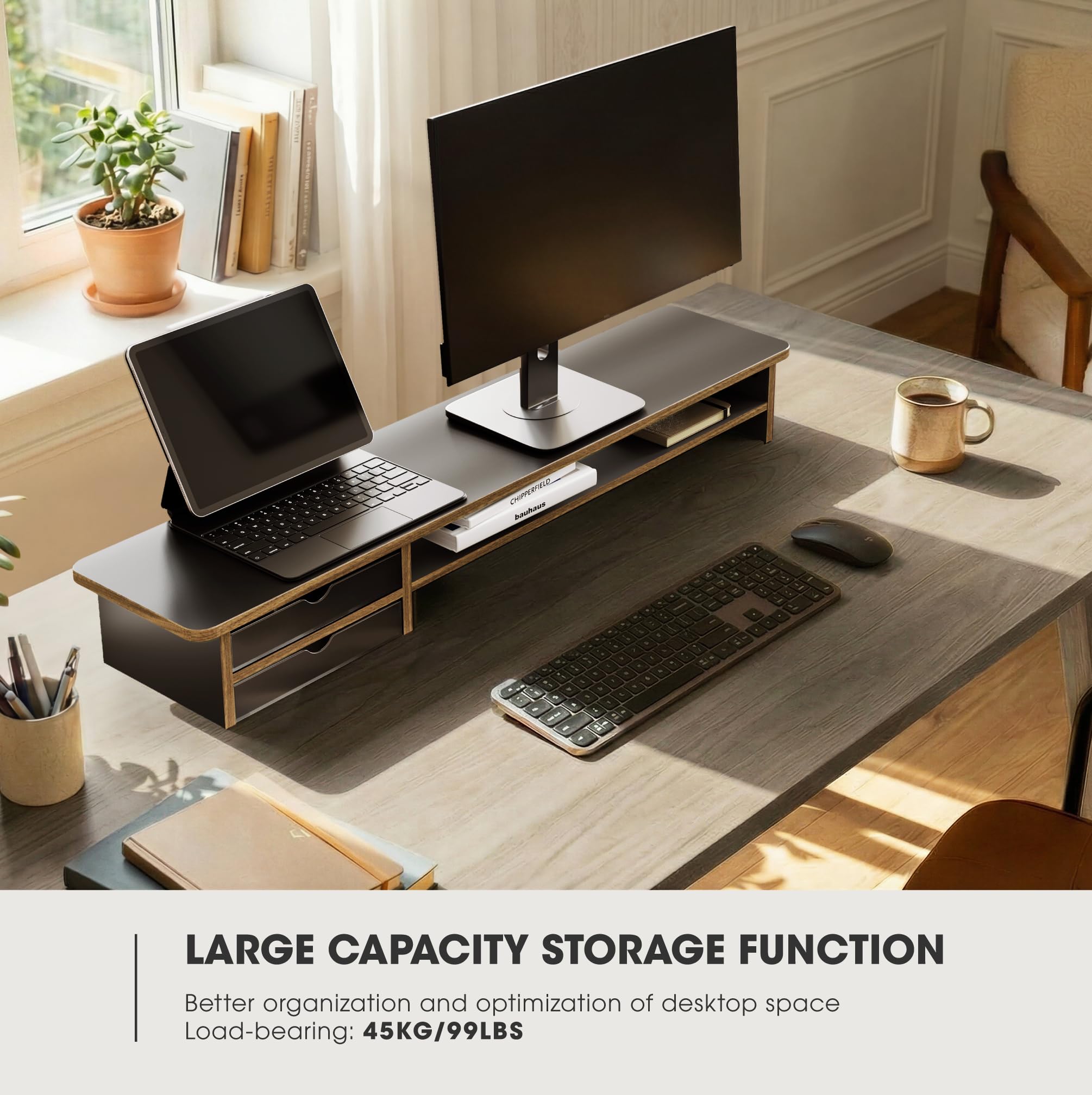 42.5" Dual Monitor Stand Riser with Drawer, 2-Tier Organizer