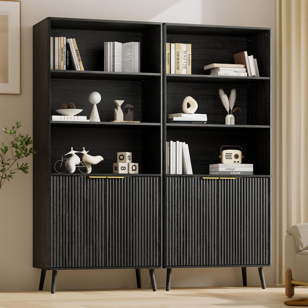 LYNSOM 5-Tier Bookcase with Fluted Doors and Adjustable Shelves