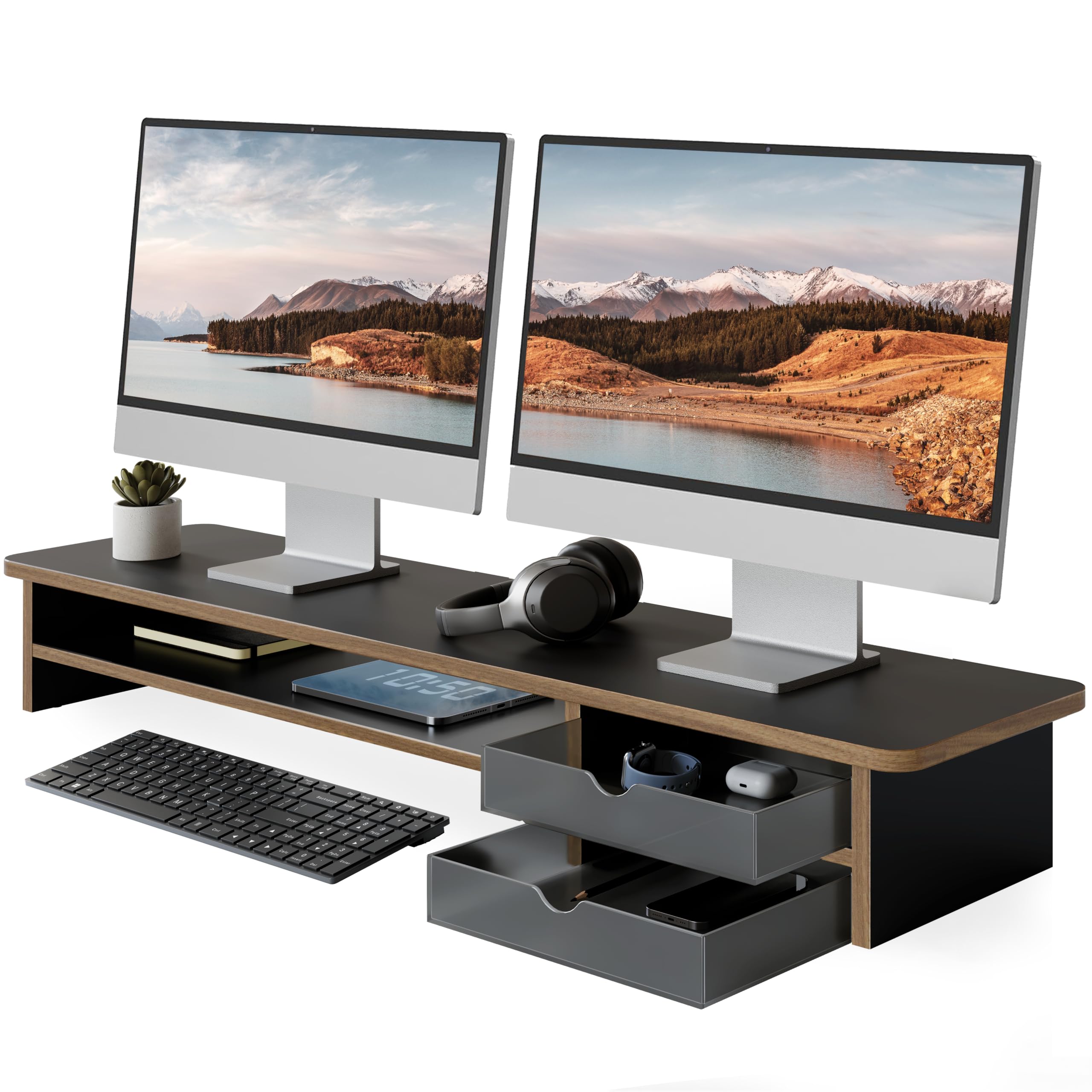 42.5" Dual Monitor Stand Riser with Drawer, 2-Tier Organizer
