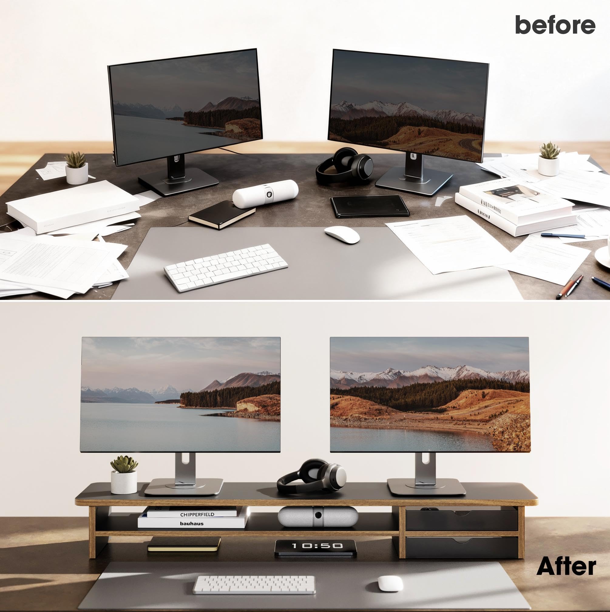 42.5" Dual Monitor Stand Riser with Drawer, 2-Tier Organizer