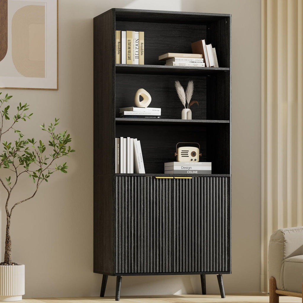 LYNSOM 5-Tier Bookcase with Fluted Doors and Adjustable Shelves