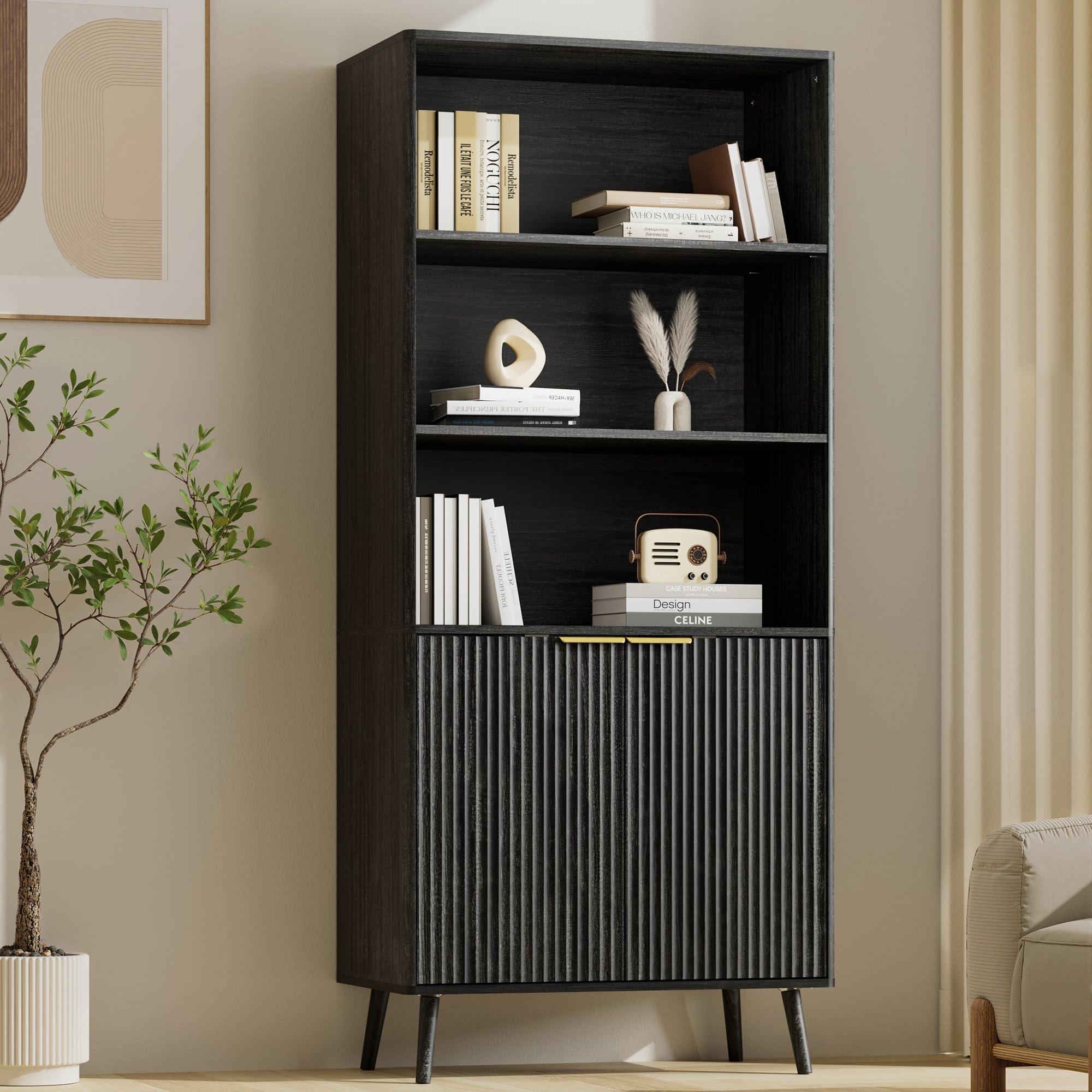 LYNSOM 5-Tier Bookcase with Fluted Doors and Adjustable Shelves