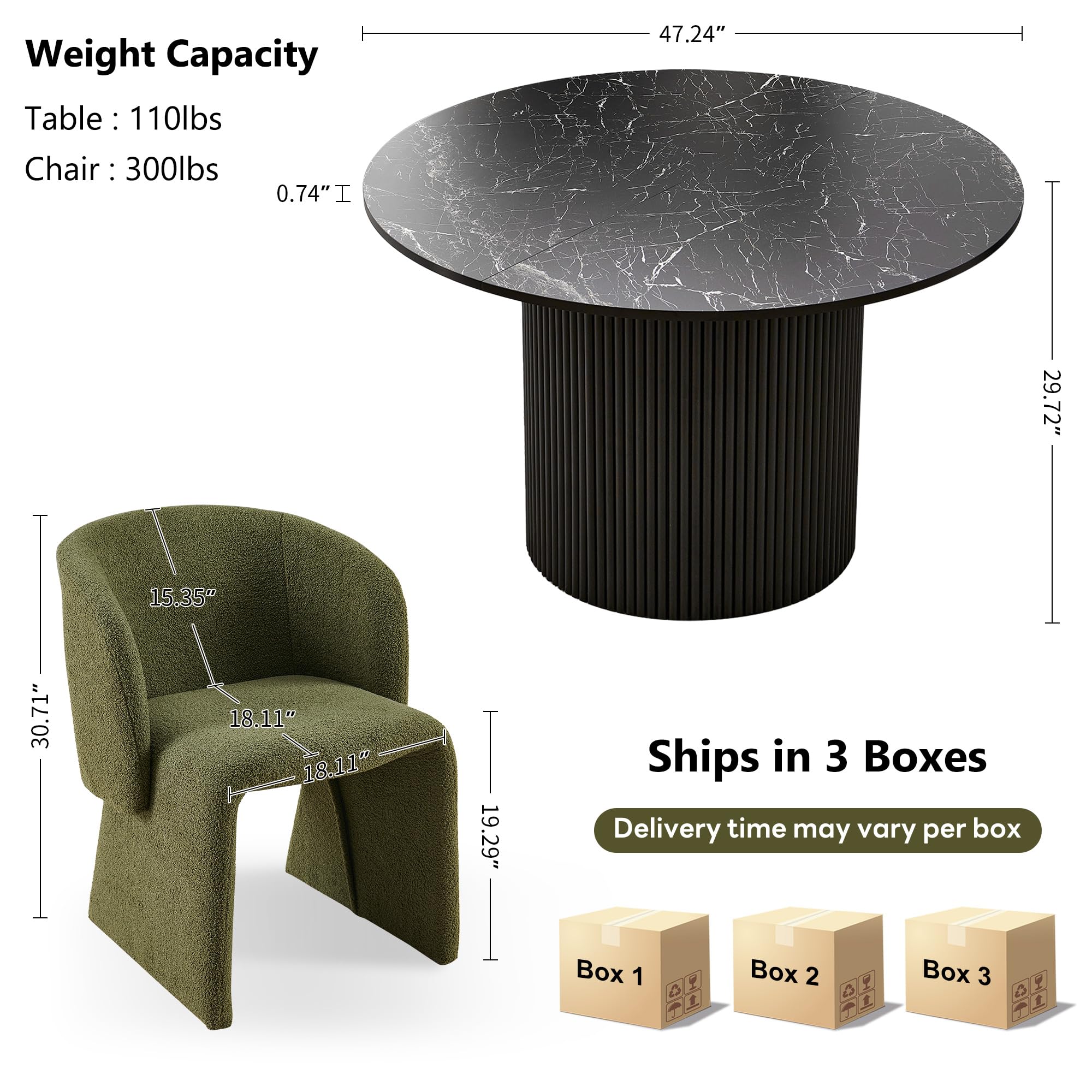 3-Piece Round Dining Table Set for 2 with Upholstered Armchairs