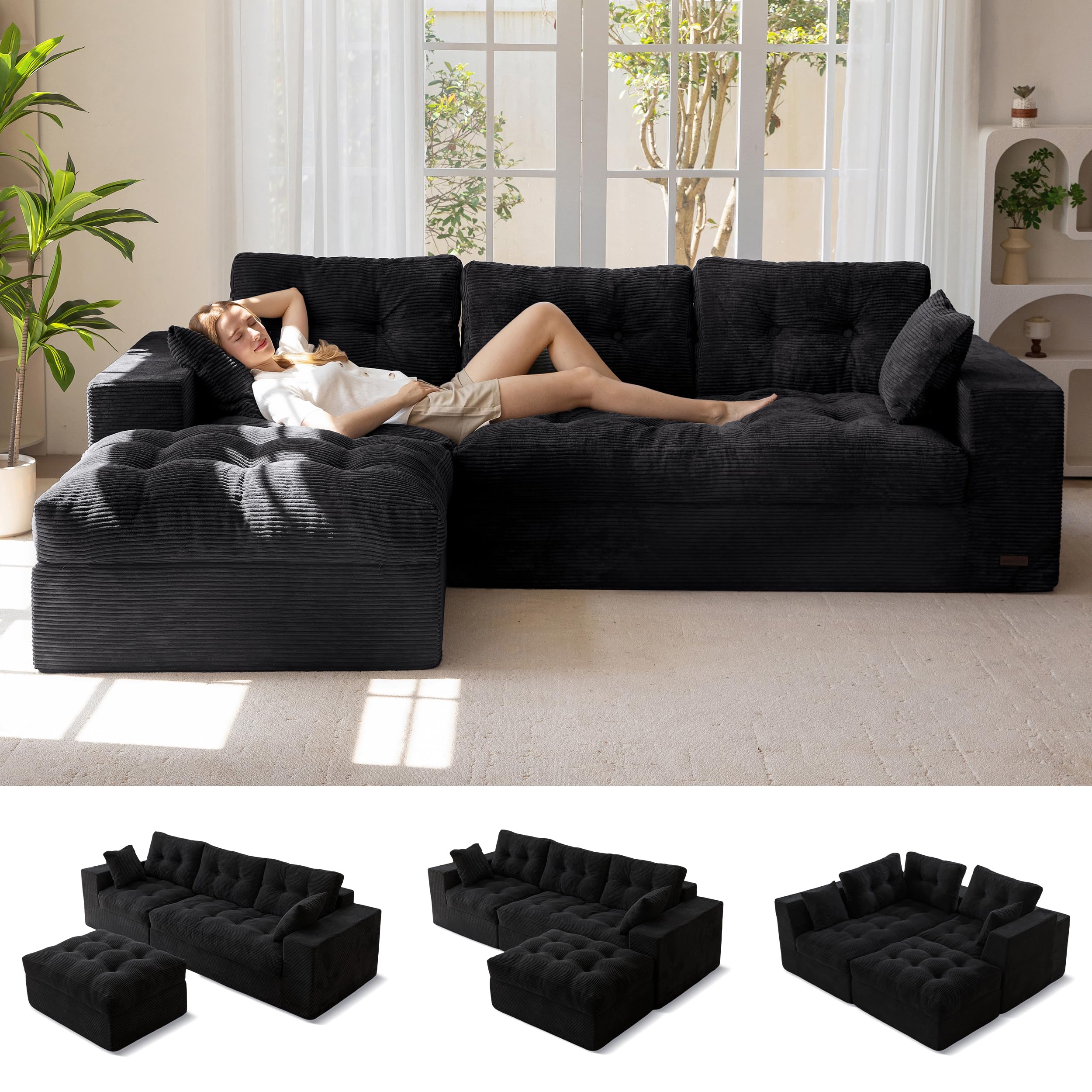 104" L-Shaped Modular Cloud Sofa with Ottoman
