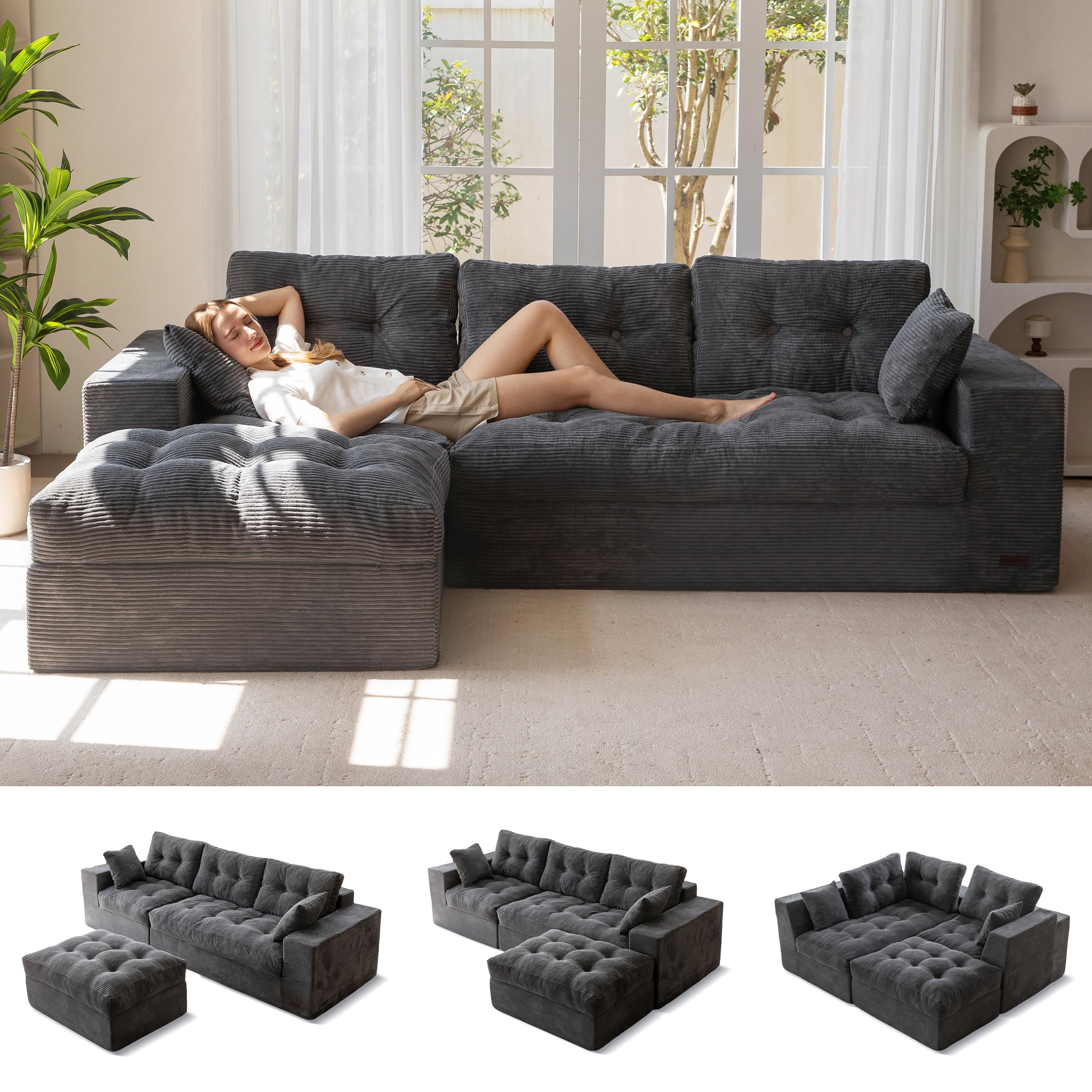 104" L-Shaped Modular Cloud Sofa with Ottoman